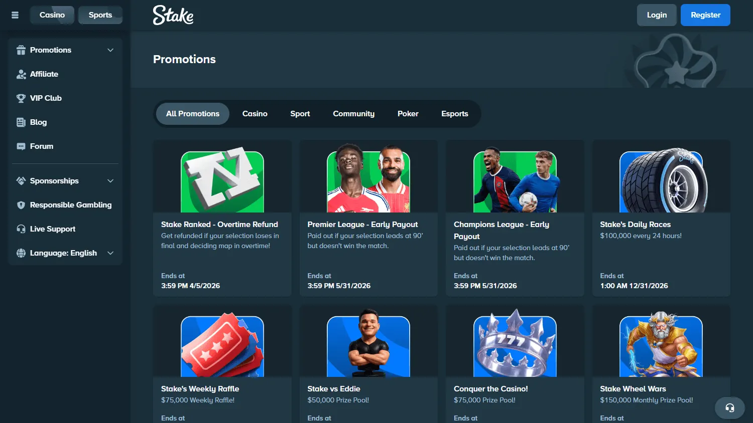 Stake Casino desktop promotions interface with available offers
