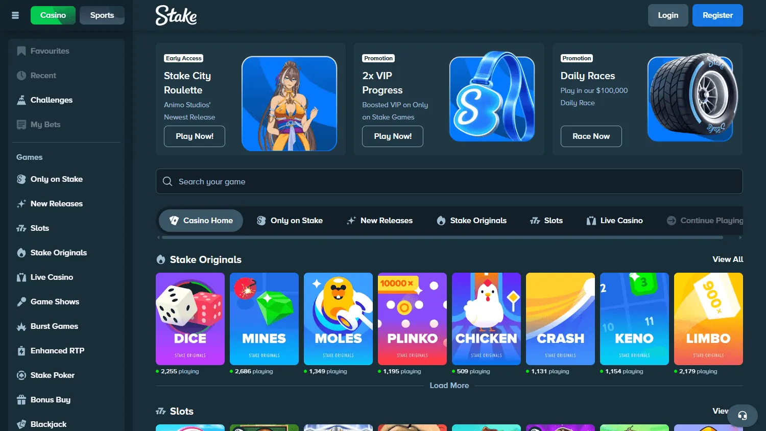 Stake Casino desktop games interface with casino categories and titles
