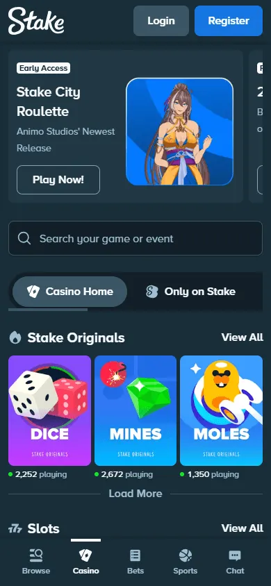 Stake Casino mobile games interface with casino categories and titles